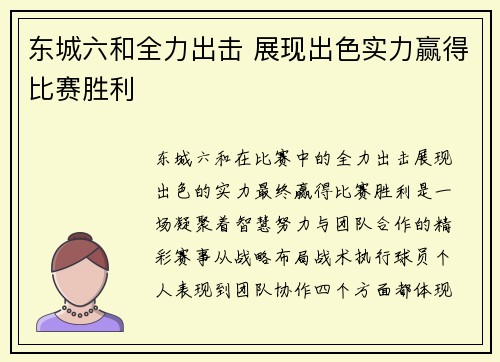 东城六和全力出击 展现出色实力赢得比赛胜利