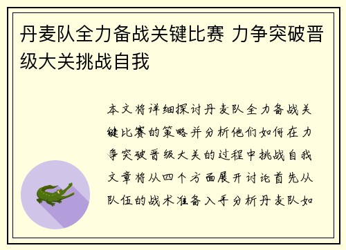 丹麦队全力备战关键比赛 力争突破晋级大关挑战自我