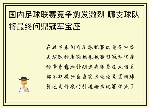 国内足球联赛竞争愈发激烈 哪支球队将最终问鼎冠军宝座
